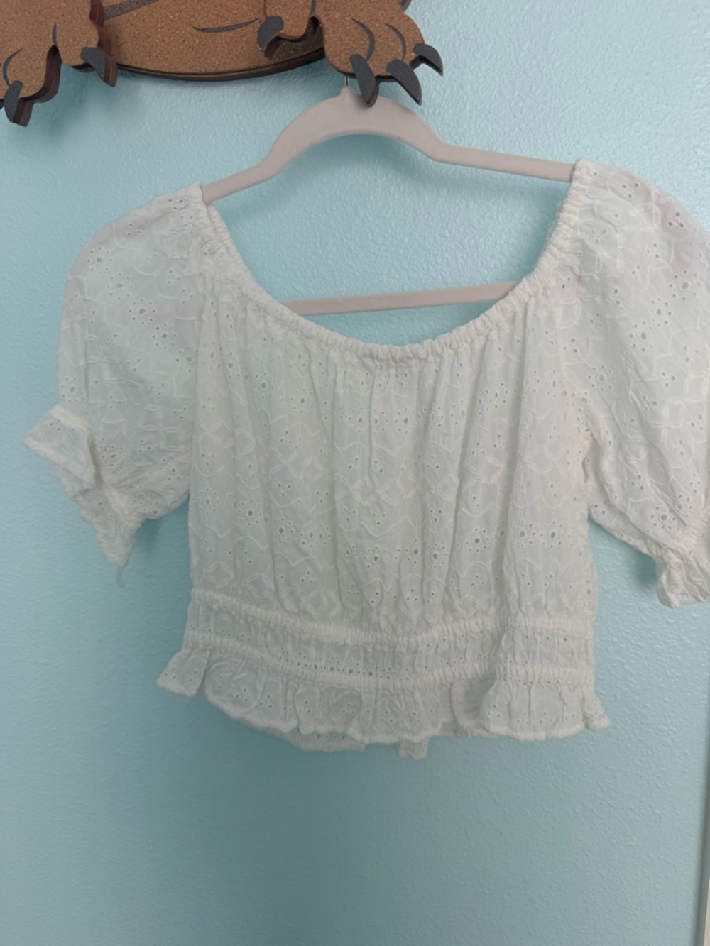 American Eagle Outfitters White Eyelet Off-Shoulder Smocked Hem Crop Top